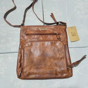 Estalon Genuine Brown Leather Crossbody 3-Zipper Shoulder Bag Purse.